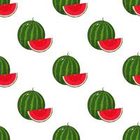 sem costura padrão com frutas frescas de melancia fatia inteira e cortada em fundo branco. frutas de verão para um estilo de vida saudável. fruta orgânica. estilo de desenho animado. ilustração vetorial para qualquer projeto. vetor