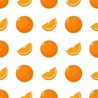 sem costura padrão com frutas frescas de laranja inteiras e cortadas em fundo branco. tangerina. fruta orgânica. estilo de desenho animado. ilustração vetorial para design, web, papel de embrulho, tecido, papel de parede. vetor