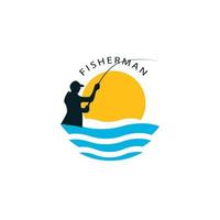 ilustração do logotipo e ícone do pescador, ondas do sol e do mar, design vetorial adequado para logotipos de negócios, pesca, marinha, pescadores etc. vetor