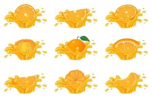 conjunto de respingo de respingo de suco de laranja, mandarim ou tagerine fresco brilhante isolado no fundo branco. suco de frutas de verão. estilo de desenho animado. ilustração vetorial para qualquer projeto. vetor