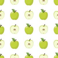 padrão sem emenda com maçãs verdes inteiras e meia sobre fundo branco. fruta orgânica. estilo de desenho animado. ilustração vetorial para design, web, papel de embrulho, tecido, papel de parede. vetor