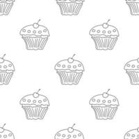padrão sem emenda com cupcake de contorno e cereja em fundo branco. comida doce. ilustração vetorial para design, web, papel de embrulho, tecido, papel de parede. vetor
