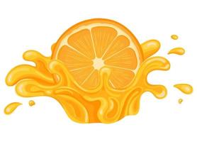 explosão de respingo de suco de laranja, mandarim ou tagerine brilhante fresco isolado no fundo branco. suco de frutas de verão. estilo de desenho animado. ilustração vetorial para qualquer projeto. vetor