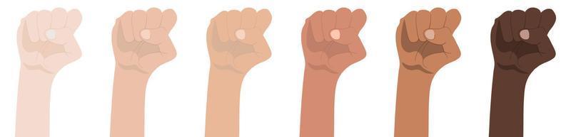 punhos levantados isolados no fundo branco. símbolo de unidade, revolução, protesto, cooperação e solidariedade. igualdade racial. ilustração vetorial.