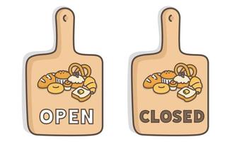 placa de madeira da porta da loja de padaria aberta fechada ilustração vetorial de desenho animado kawaii doodle vetor