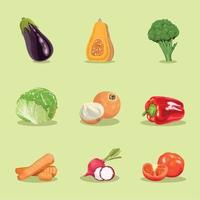 nove ícones de comida saudável de legumes vetor