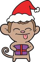 desenho de linha engraçado de um macaco com presente de natal usando chapéu de papai noel vetor