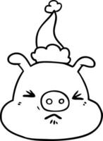 desenho de linha de um rosto de porco bravo usando chapéu de papai noel vetor