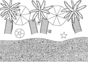 vista superior da página para colorir da praia de verão. vector vista superior da praia ensolarada desenhada à mão com guarda-chuvas de palmeiras e espreguiçadeiras. livro de colorir para crianças e adultos.