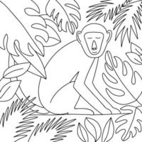página para colorir com macaco fofo e folhas tropicais. página de colorir sentado de macaco desenhado à mão para ilustração vetorial de crianças e adultos vetor