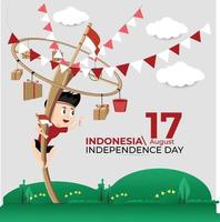 banner feliz comemore o dia da independência da indonésia o menino feliz escalar noz de areca para ganhar prêmios vetor