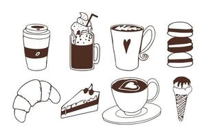 café e sobremesas em estilo doodle. coleção de pastelaria, sorvetes, alimentos doces e bebidas. elementos de café ou loja. ilustração vetorial vetor