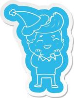 adesivo de desenho animado de um homem rindo usando chapéu de papai noel vetor