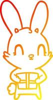 linha de gradiente quente desenhando coelho de desenho animado fofo com presente vetor