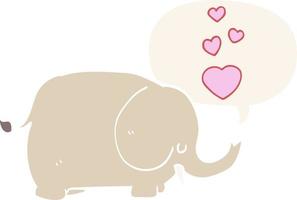 elefante bonito dos desenhos animados e corações de amor e bolha de fala em estilo retrô vetor