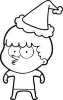 desenho de linha de um menino curioso usando chapéu de Papai Noel vetor