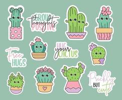 pacote de adesivos vetoriais fofos de cactos de rabiscos kawaii em vasos. ilustração de crianças cactos bebê em estilo cartoon. suculentas jardinagem de plantas caseiras. vetor