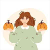 senhora bonita de outono com abóbora. mulher segurando abóboras. ilustração vetorial de outono aconchegante para feliz ação de graças ou halloween. garota de personagem de fazenda de colheita com legumes de agricultura. isolado vetor