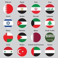 a bandeira circular do Oriente Médio diz o nome de cada país em um fundo azul. vetor