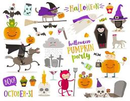 conjunto de sinal de halloween, símbolo, objetos, itens e personagens de desenhos animados. ilustração vetorial. vetor