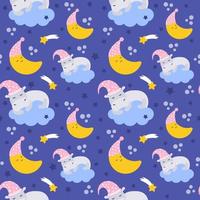 padrão sem emenda. hipopótamo fofo dorme em uma nuvem, a lua em um chapéu para dormir em um fundo azul. tema de ninar. ilustração vetorial de desenho animado vetor