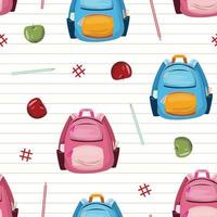 sem costura padrão com mochilas escolares para meninas e meninos em fundo listrado. para têxteis, papel de embrulho, embalagens. vetor