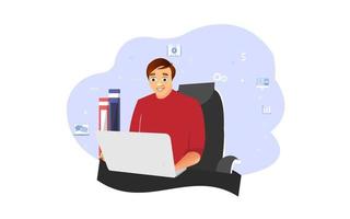 ilustração plana de um empresário. um homem está gerenciando seus negócios com um laptop e outras recapitulações ao lado dele vetor