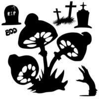 silhuetas de cogumelos-lixo, sepulturas, mãos mortas. design de elementos de halloween. vetor