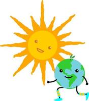 terra fofa e o sol brilhando nela. ilustração para o dia da terra ou eventos ambientais mostrando terra feliz e sol no estilo do kawaii vetor