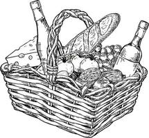 cesta de piquenique com lanche. esboço desenhado à mão. ilustrações desenhadas à mão de piquenique. queijo, vinho, frutas e pão francês em uma cesta de vime vetor