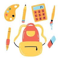 de volta ao conjunto da escola. conjunto de elementos da escola. caneta, lápis, borracha, calculadora, sino, paleta. ilustração vetorial.