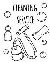serviço de limpeza. Limpeza de casa. ilustração vetorial. estilo doodle. folheto de serviço de limpeza. aspirador de pó, spray e bolhas. vetor