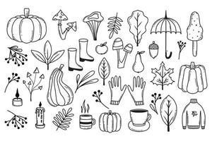 conjunto de elementos em estilo doodle de outono. coleção com folhas de outono, abóboras, cogumelos, frutas e muito mais. ilustração vetorial. Olá outono. estilo doodle. vetor