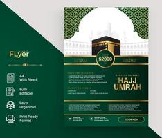 design de folheto para hajj umrah com cor verde e dourada vetor