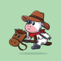 o mascote da vaca se torna um cowboy enquanto anda a cavalo vetor