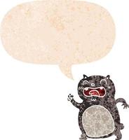 gato de desenho animado e bolha de fala em estilo retrô texturizado vetor