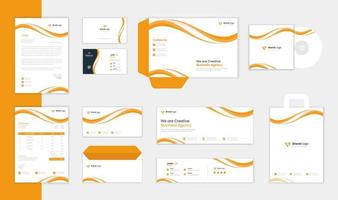 modelo de design de papelaria corporativa laranja, coleção de artigos de papelaria de identidade comercial com papel timbrado e cartão de visita