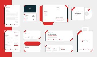 conjunto de design de papelaria corporativa mínima vermelha, cartão de visita, papel timbrado e layout de envelope vetor