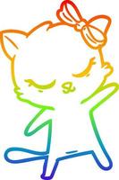 linha de gradiente de arco-íris desenhando um gato de desenho animado bonito com arco vetor