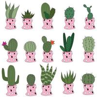 definir cactos doodle fofos em vasos cor de rosa. ilustração vetorial com plantas de interior bonitos. conjunto de 15 plantas vetor