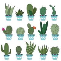 definir cactos doodle fofos em vasos azuis. ilustração vetorial com plantas de interior bonitos. conjunto de 15 plantas vetor