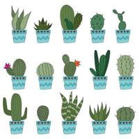 definir cactos doodle fofos em vasos azuis. ilustração vetorial com plantas de interior bonitos. conjunto de 15 plantas