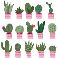 definir cactos doodle fofos em vasos cor de rosa. ilustração vetorial com plantas de interior bonitos. conjunto de 15 plantas vetor