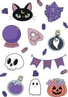 coleção de doodles de atributos de bruxa. gato, poções, abóbora, caveira, fantasma, bola mágica, ouija, cristais