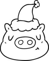 desenho de linha de um rosto de porco usando chapéu de papai noel vetor