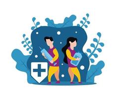 gráfico de ilustração vetorial de duas pessoas segurando uma injeção e soro, mostrando um escudo de sinal de mais, perfeito para saúde, médico, hospital, farmácia, etc. vetor