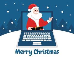 ilustração vetorial gráfico de papai noel está cumprimentando dentro da tela do laptop, perfeito para natal, religião, igreja, cartão de felicitações, etc. vetor