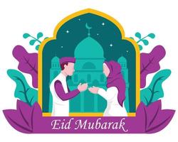 gráfico de ilustração vetorial de casal muçulmano apertando as mãos, mostrando mesquita e plantas ao fundo, perfeito para religião, feriado, cultura, tradição, cartão de felicitações, etc. vetor