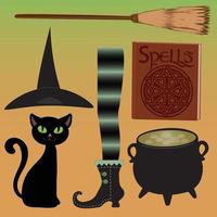 acessórios de bruxa de halloween - sapatos, vassoura, caldeirão borbulhante, chapéu e gato preto vetor