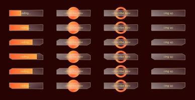 efeito de morfismo de vidro. conjunto de botões de acrílico fosco transparente e barras de carregamento. círculos de gradiente amarelo alaranjado em fundo marrom escuro. forma realista de plexiglass fosco com morfismo de vidro. vetor